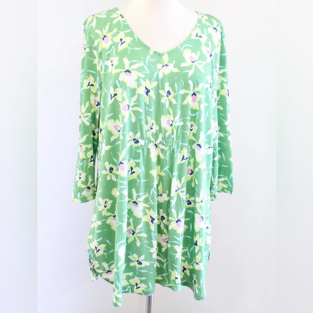 J Jill Green White Pink Floral V-neck Tunic Blouse Spring 3/4 Sleeves Women’s 2X